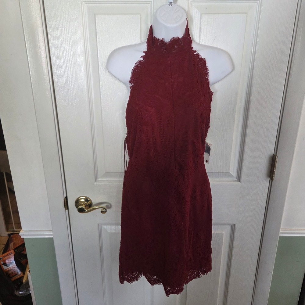 Free People Intimately Red Lace Halter Mini Dress Open Back Burgundy M Feminine